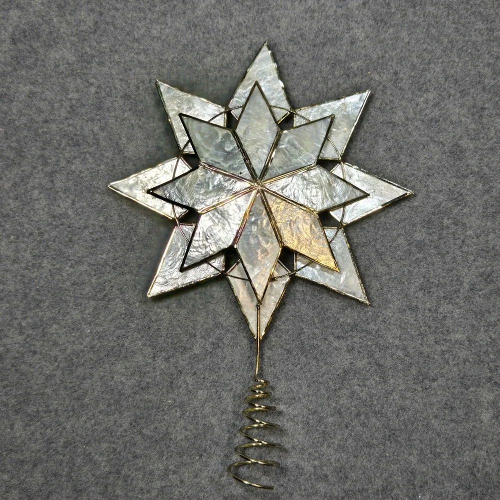 Vintage Capiz Shell Star Christmas Tree Topper Gold Tone Metal 9 Inch Holiday